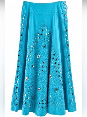 Willi Smith Turquoise Mirror Embellished Boho Maxi Skirt Size 4